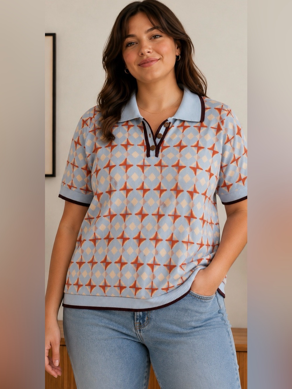 Women’s Geometric Short-Sleeve Polo Sweater in Light Blue and Rust